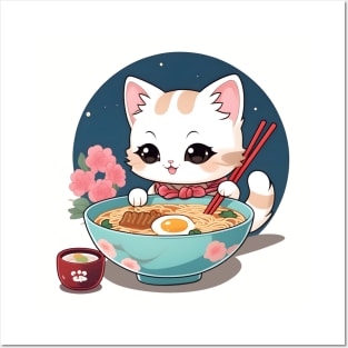 Ramen cat - funny, cute, gift idea, cats, for girls, women, kids, men, boys, christmas, birthday, gift, valentines day, mom, dad, japan, japanese culture, anime, manga, chibi, kawaii, japanese food lover, noodles, ramen, sushi, lover, kitty, cat lady, Posters and Art